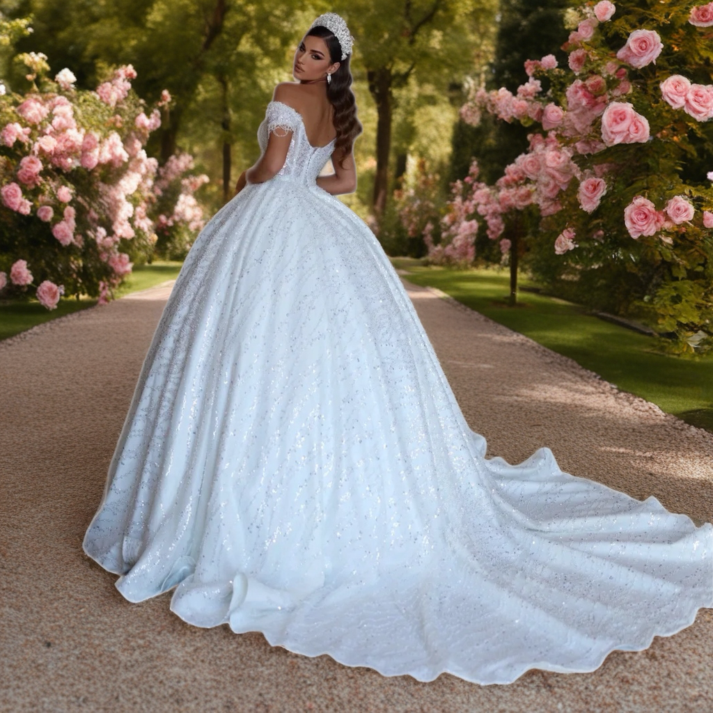 Off The Shoulder Lace Ball Gown Wedding Dress