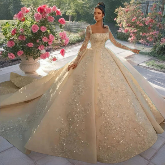 Crystal Beaded Long Sleeve Ball Gown Wedding Dress