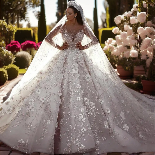 Long Sleeve Beaded Ball Gown Wedding Dress with 3D Flowers