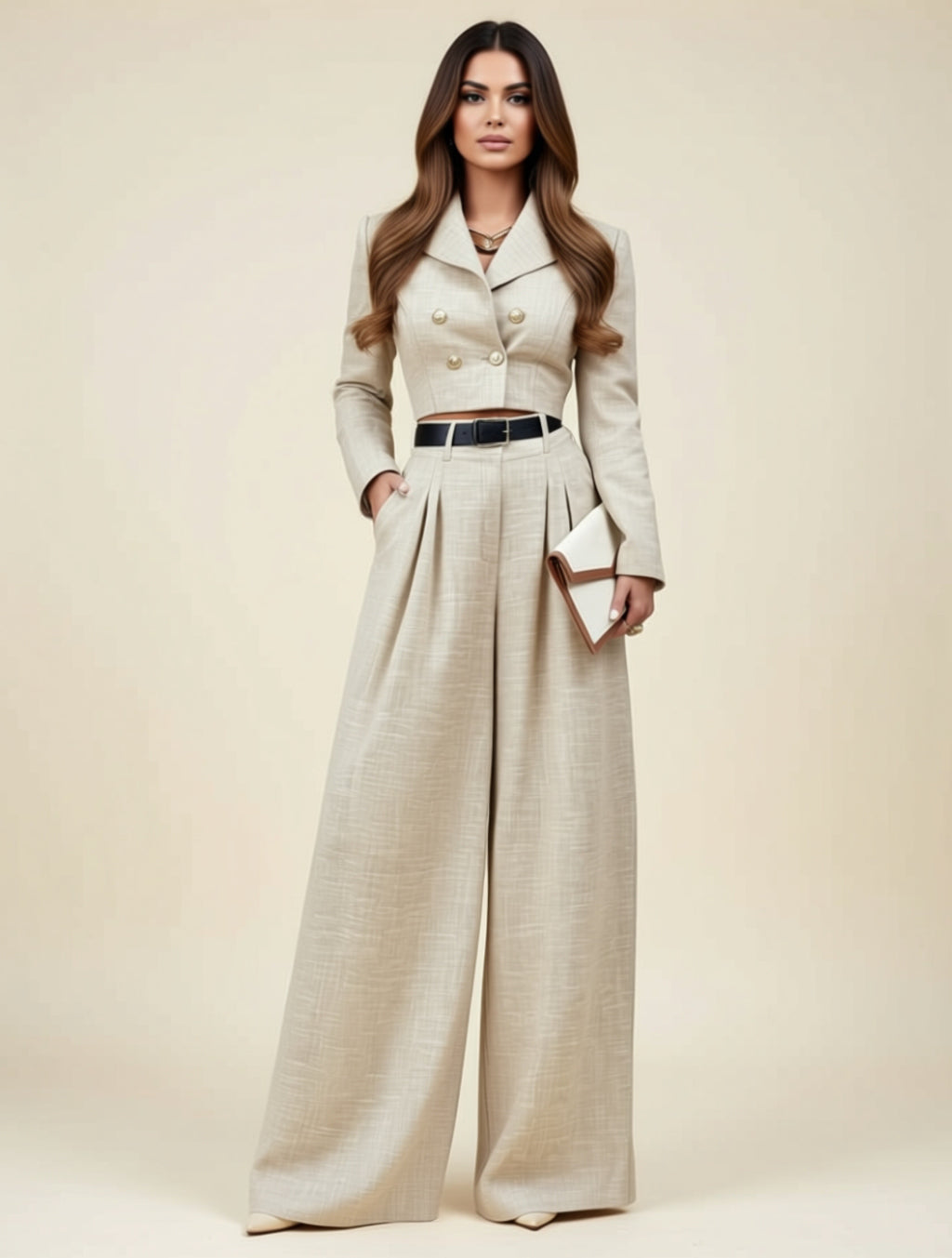 Double-Breasted Cropped Blazer & Wide-Leg Pant Set
