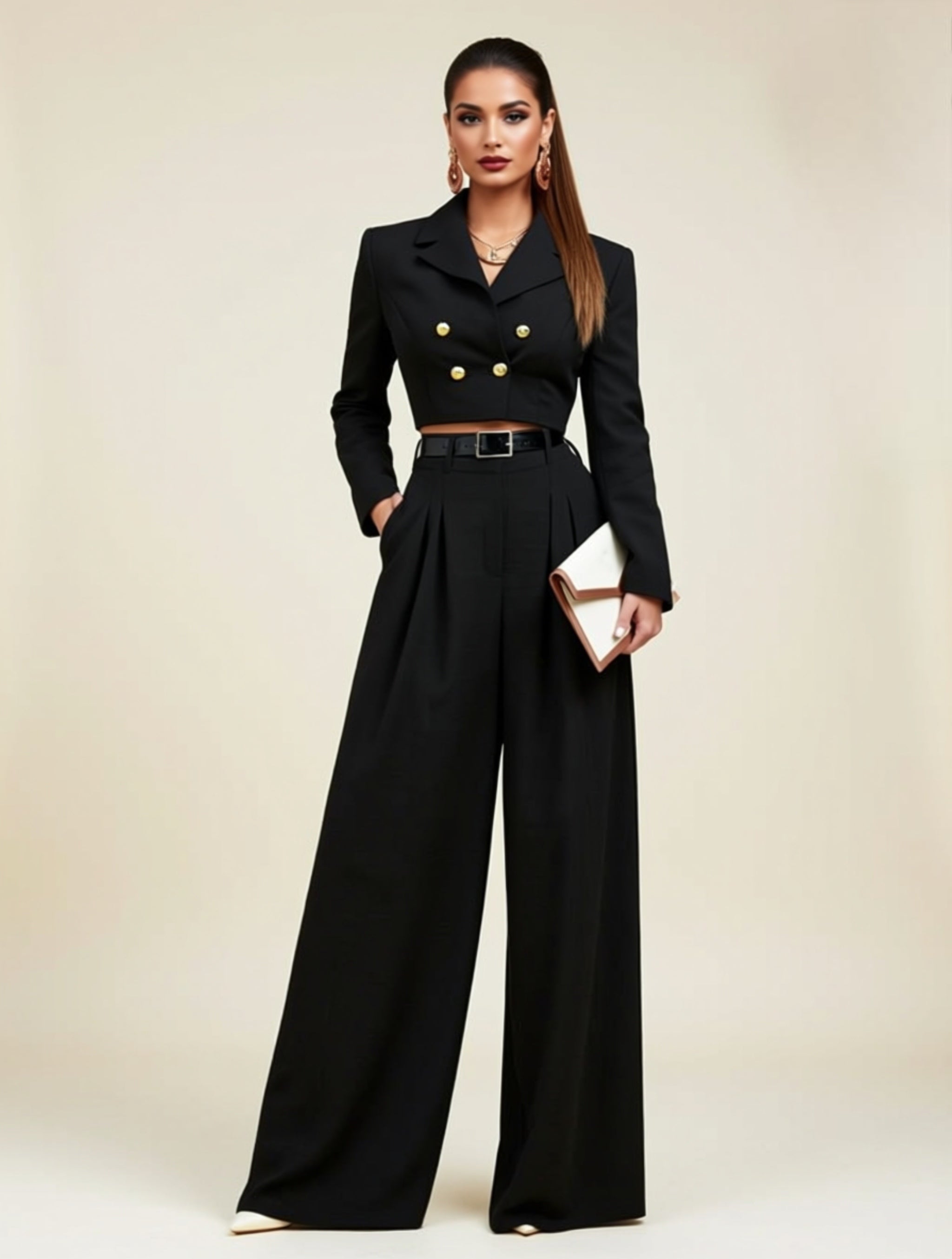 Double-Breasted Cropped Blazer & Wide-Leg Pant Set