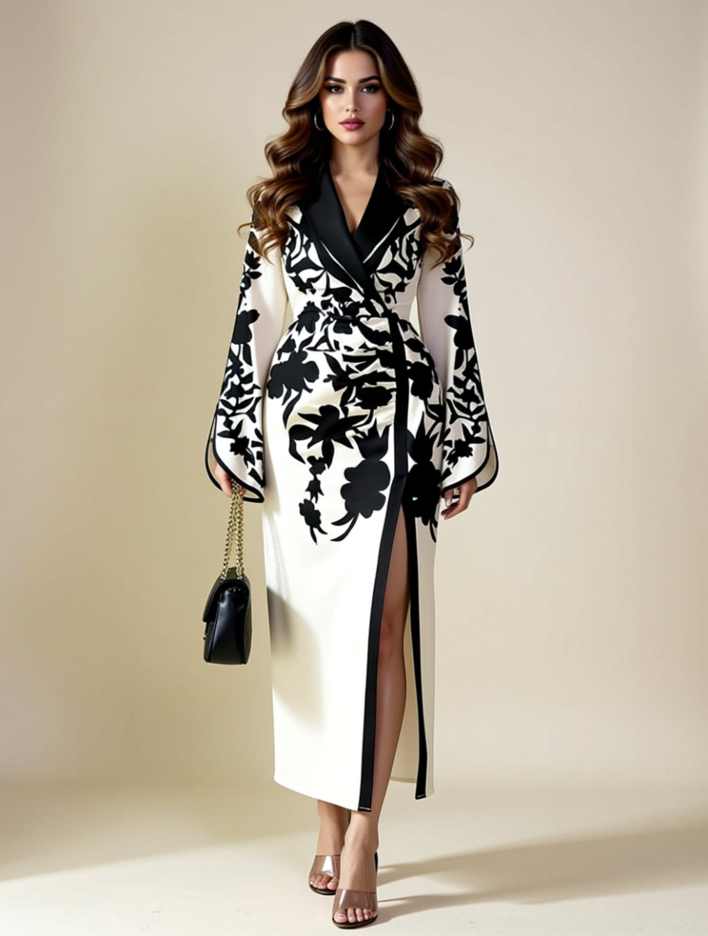 Black & White Floral Wrap Maxi Dress with Long Sleeves and Side Slit