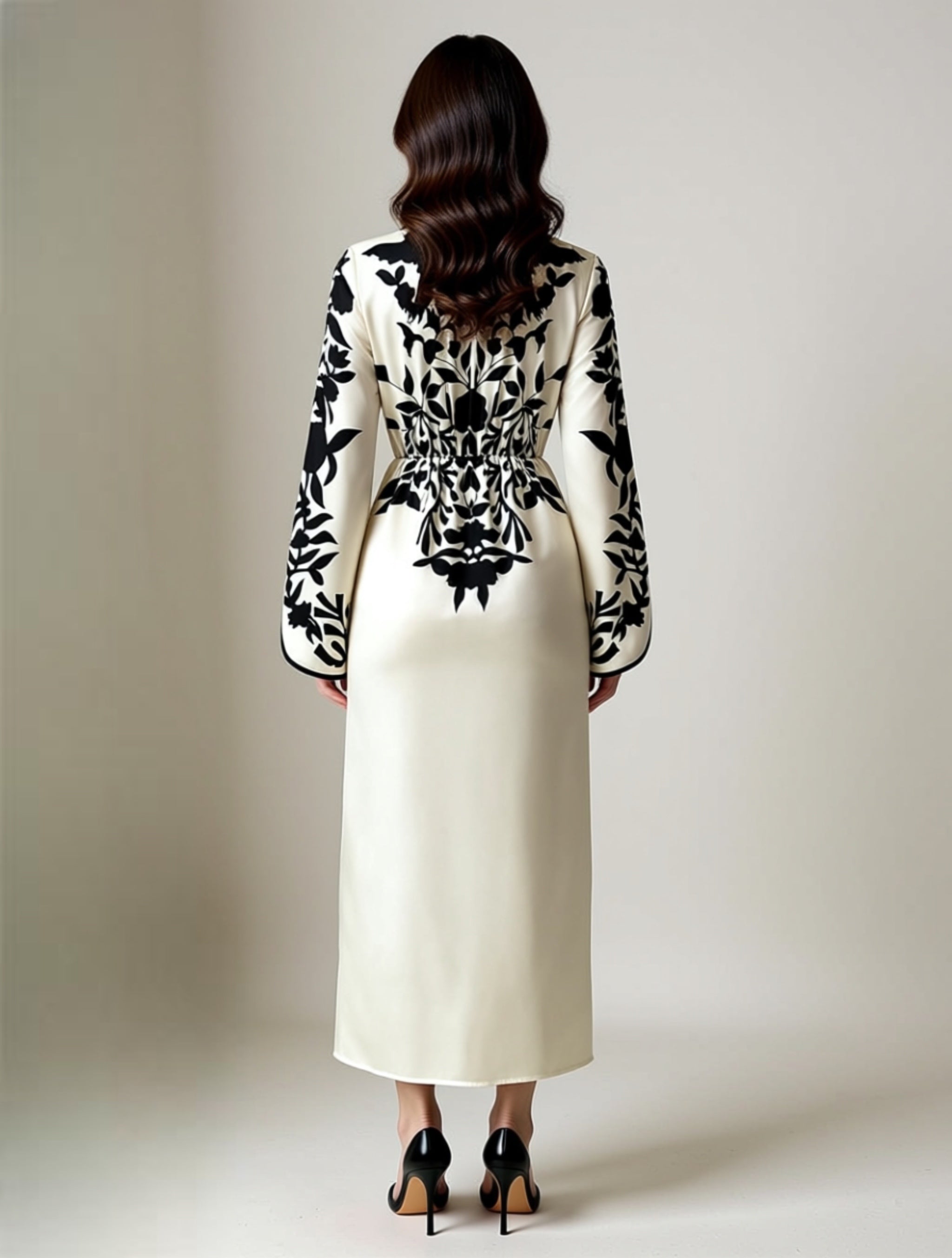 Black & White Floral Wrap Maxi Dress with Long Sleeves and Side Slit