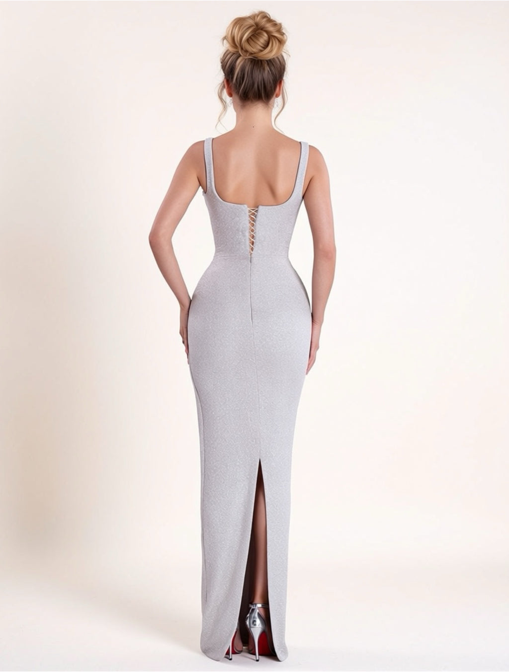 Silver Metallic One‑Shoulder Embellished Evening Gown