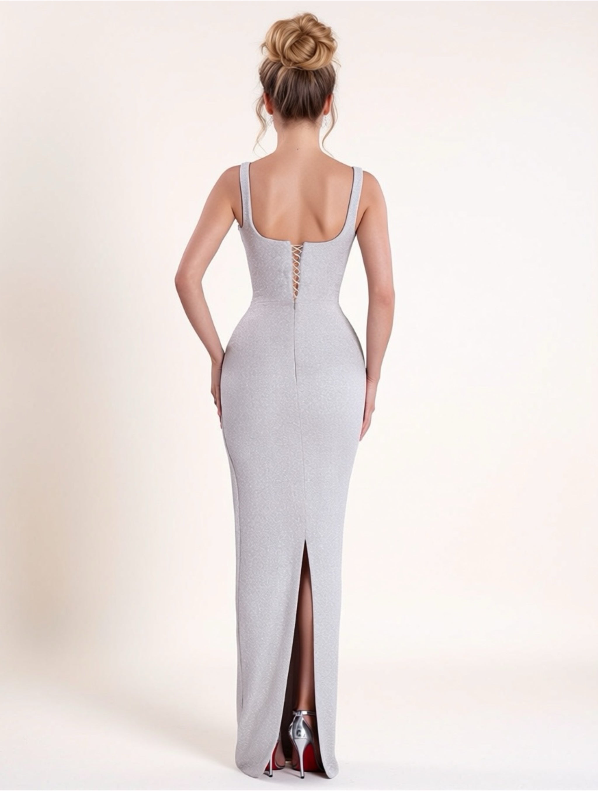 Silver Metallic One‑Shoulder Embellished Evening Gown