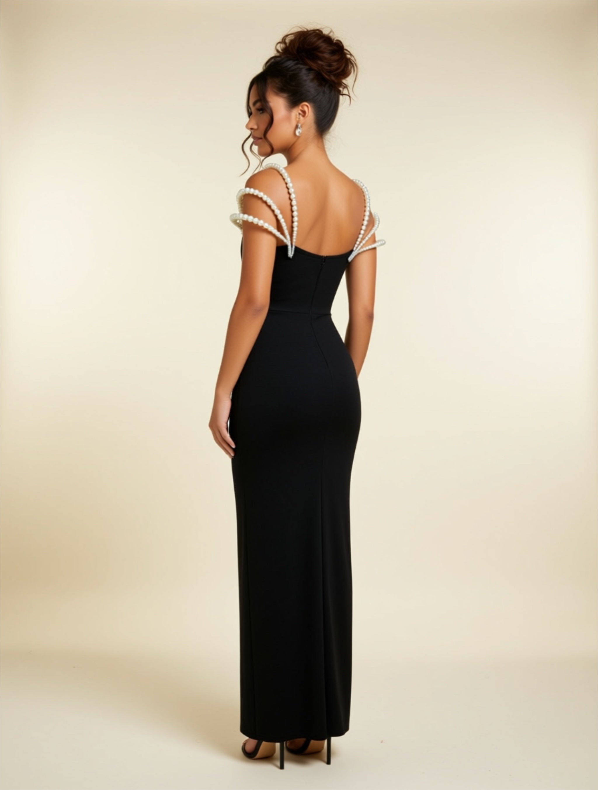 Black Pearl‑Embellished Maxi Evening Gown
