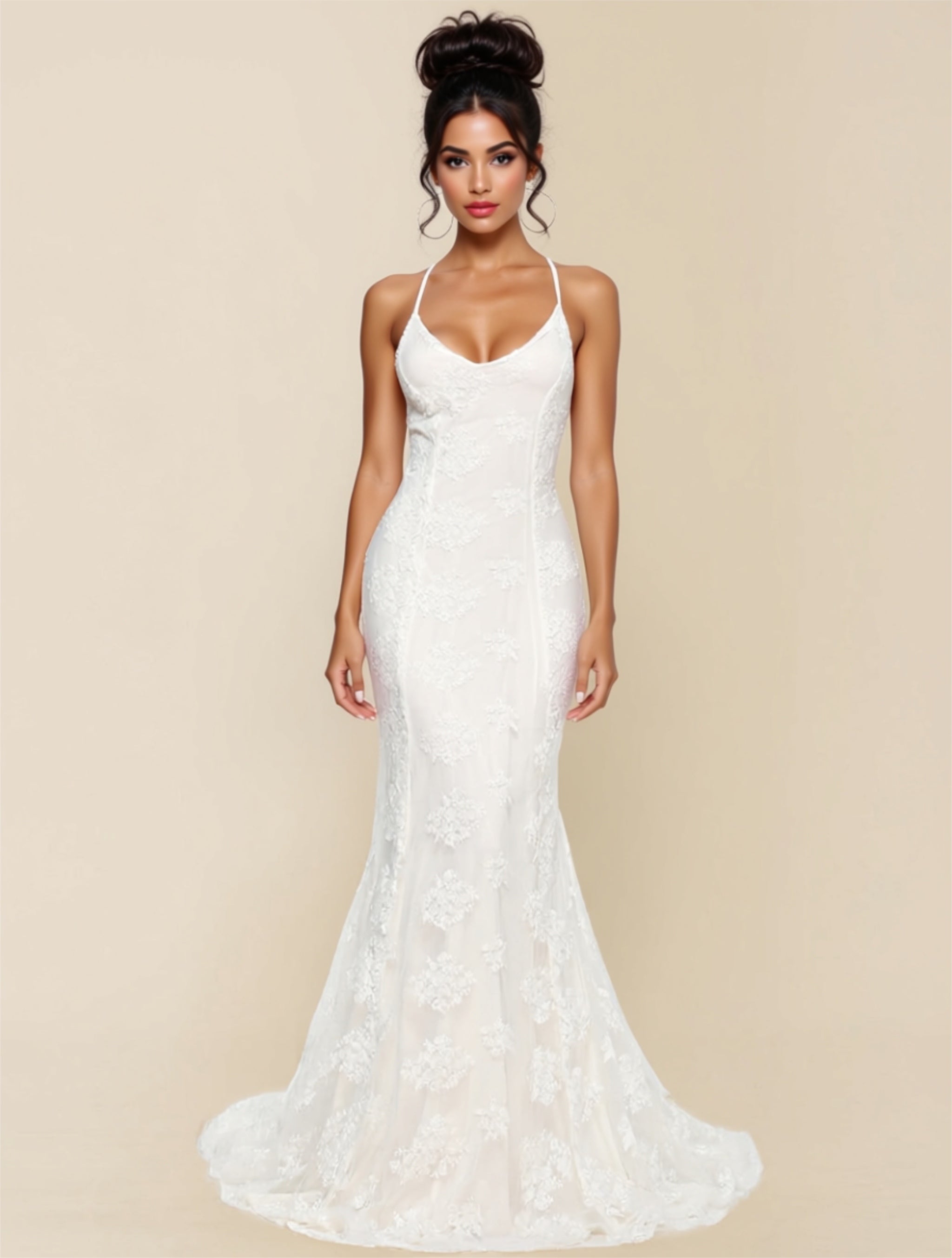 White Lace Backless Mermaid Maxi Dress