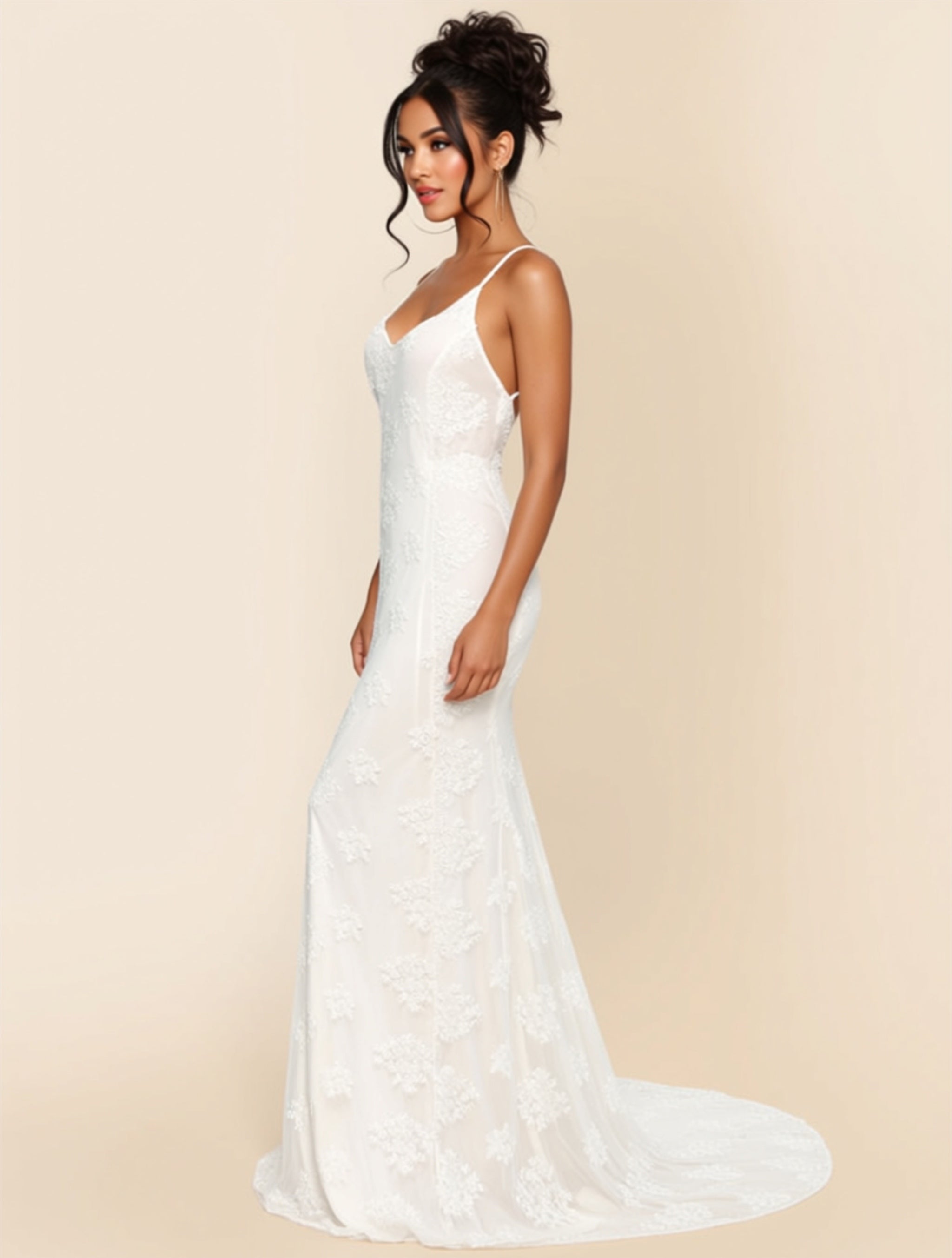 White Lace Backless Mermaid Maxi Dress