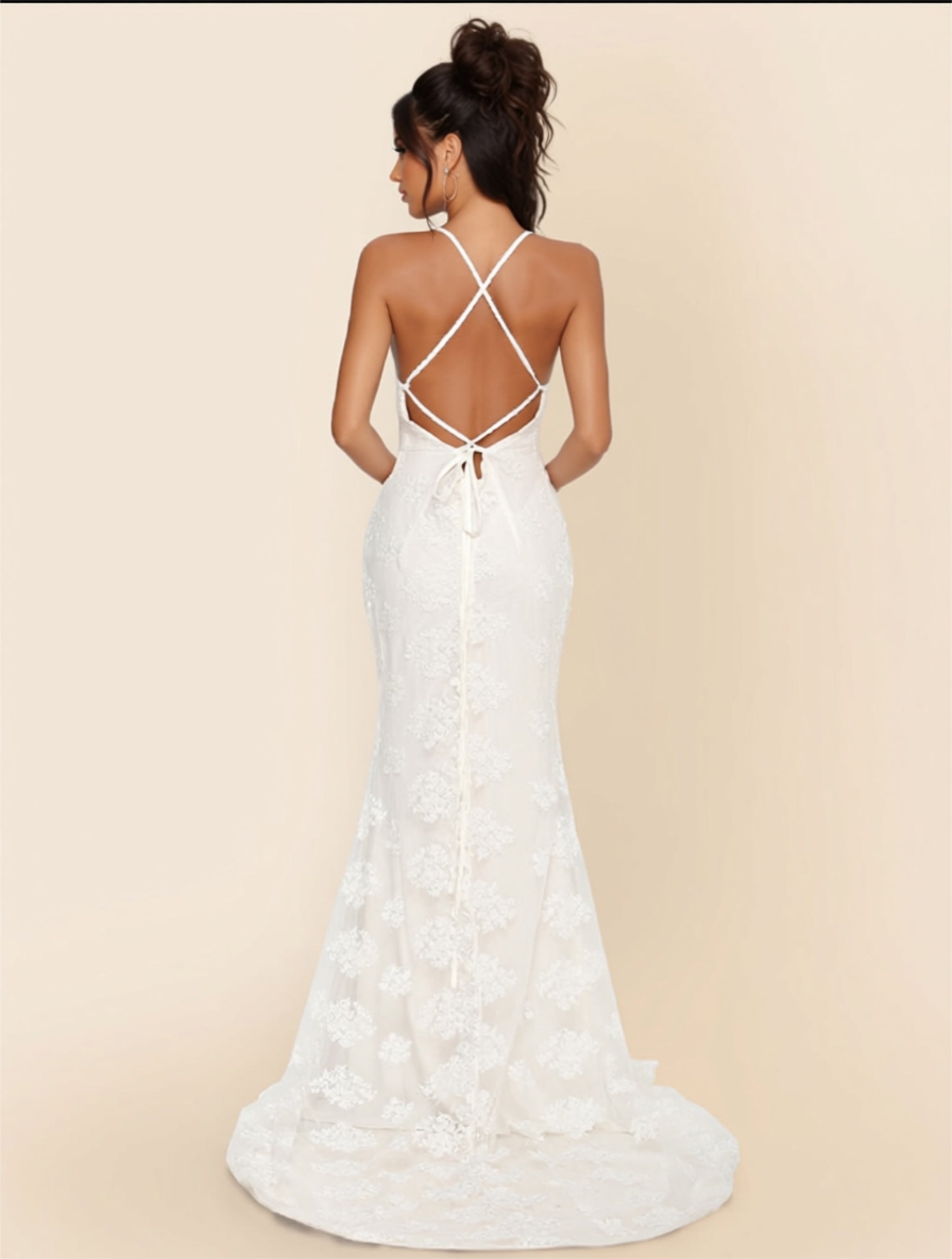 White Lace Backless Mermaid Maxi Dress