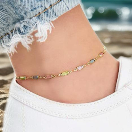 Gold Toned Colorful CZ Charm Anklet