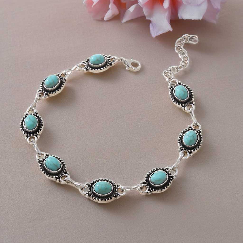 Silver toned Turquoise Charm Anklet
