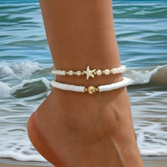 Pearl Beaded Gold Toned Starfish & Shell Anklets Set of 2