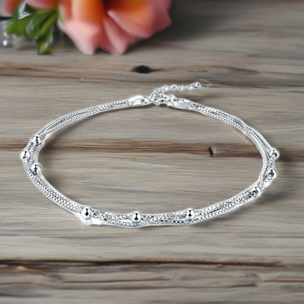 .925 Sterling Silver Satellite 3 Chain Anklet