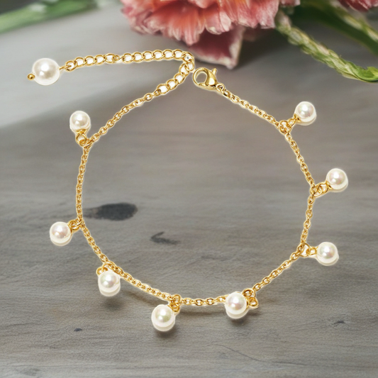 Gold Toned Stainless Steel Anklet with Pearl Charms
