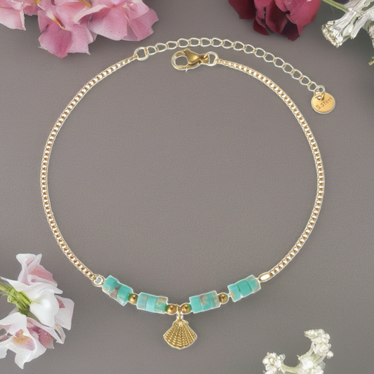Gold Toned Stainless Steel Starfish Anklet with Turquoise Howlite