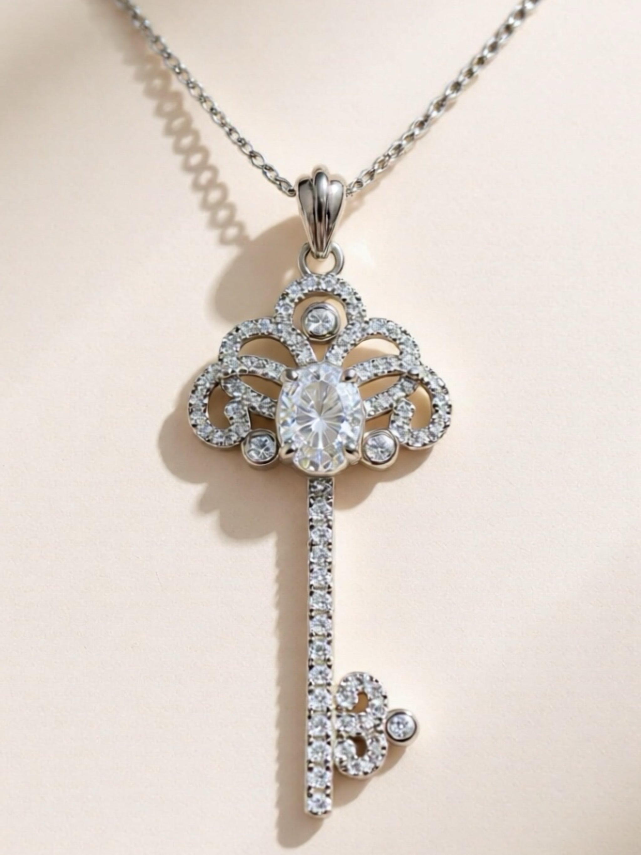 1 Carat Moissanite Key 925 Sterling Silver Pendant Necklace