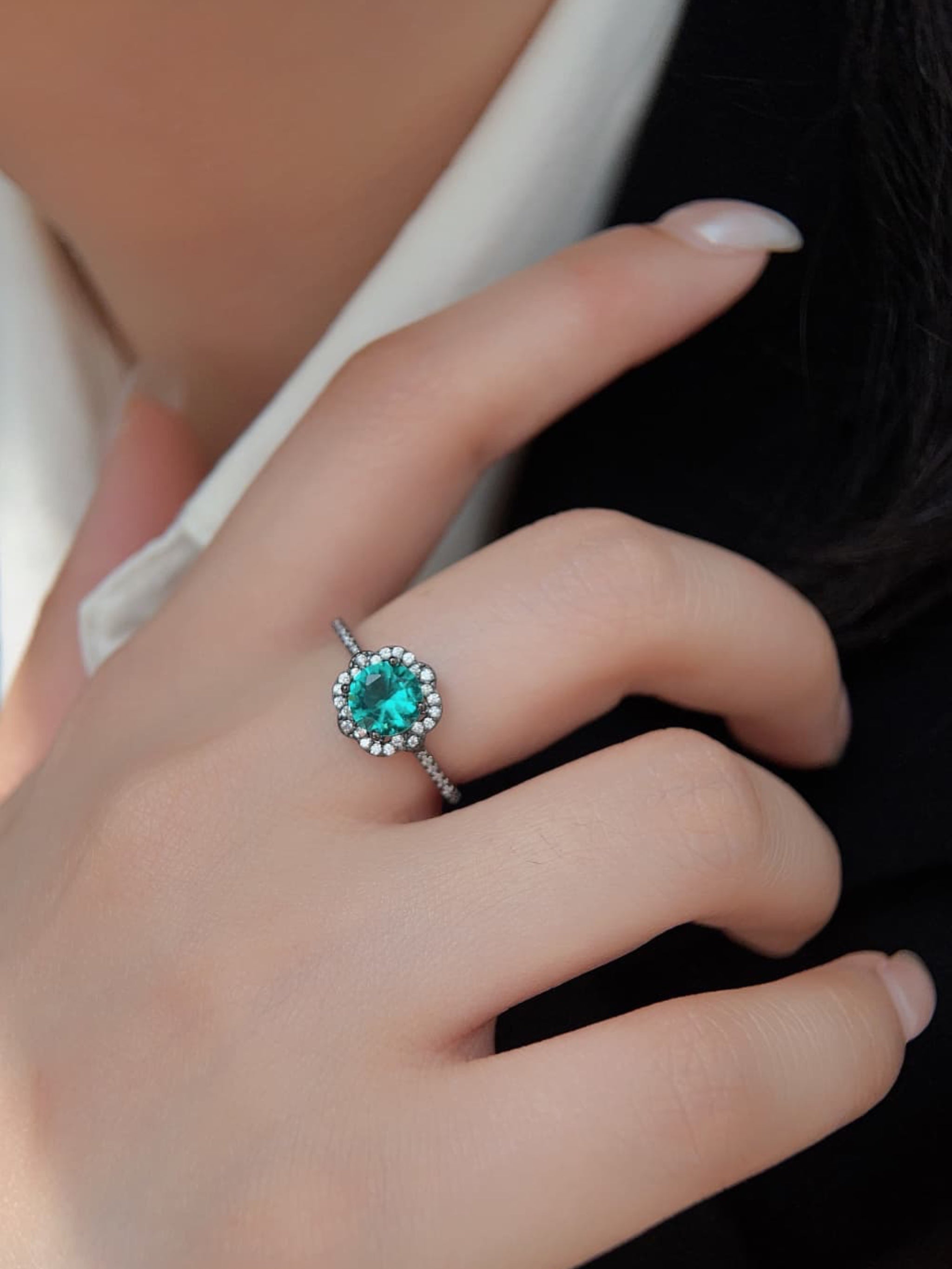 Paraiba Blue CZ Flower 925 Sterling Silver Ring