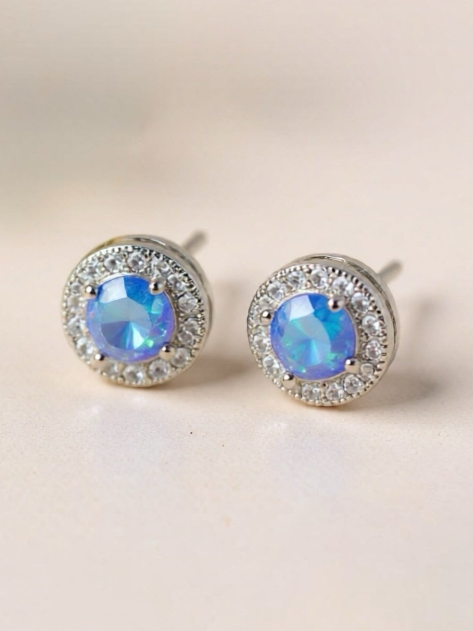 Blue Opal 4-Prong Round 925 Sterling Silver Stud Earrings
