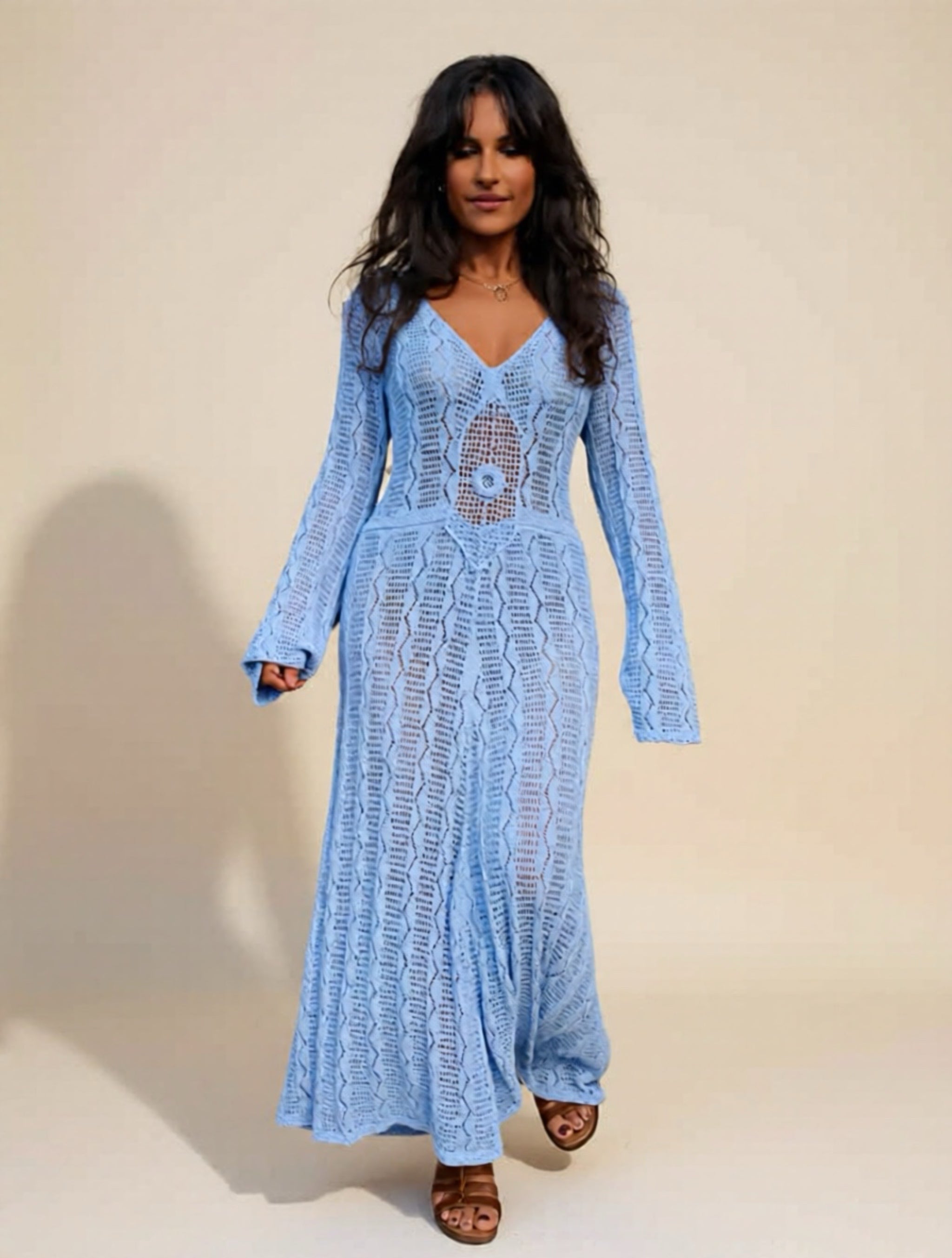 Blue Knit Maxi Dress with V-Neck and Long Sleeves