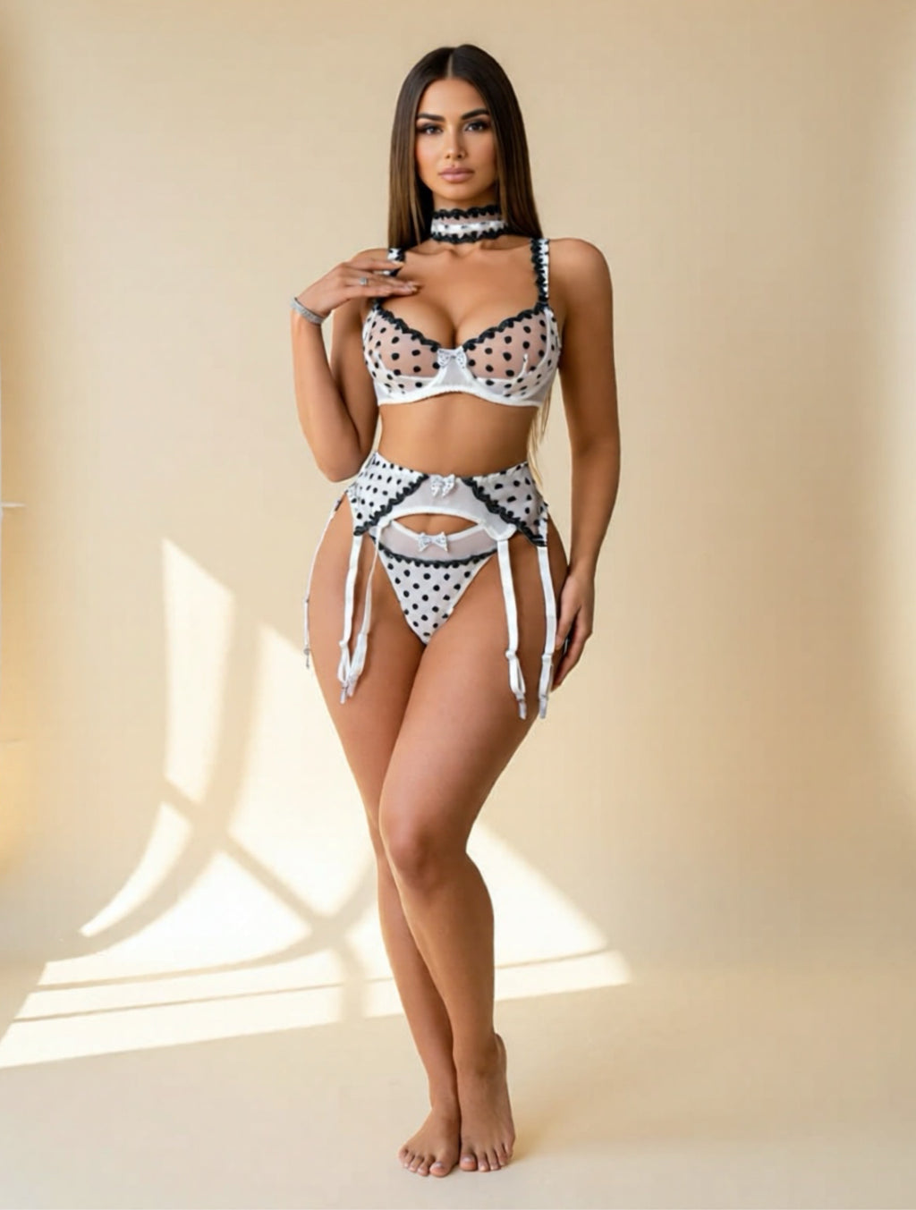 Polka Dot Embroidered Sheer Lingerie 4 Piece Set