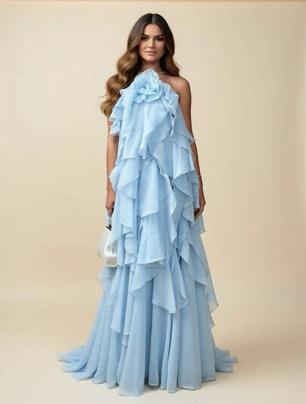 Graceful Layered Ruffle Maxi Dress with One-Shoulder Design