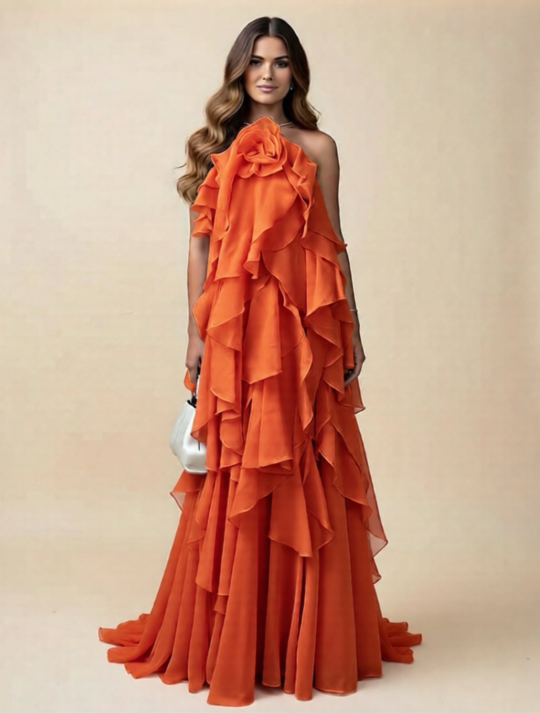 Graceful Layered Ruffle Maxi Dress with One-Shoulder Design