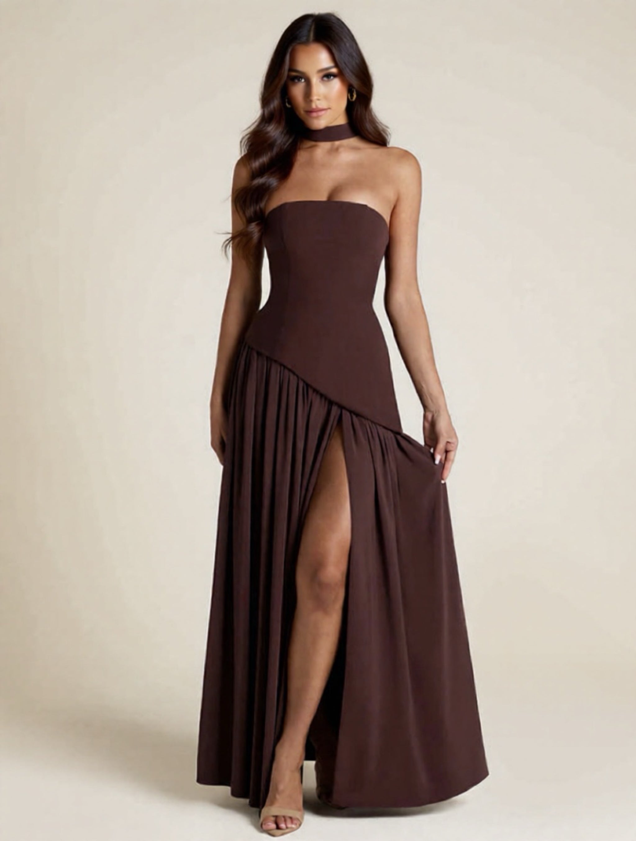 Elegant Strapless Asymmetrical Maxi Dress with High Slit