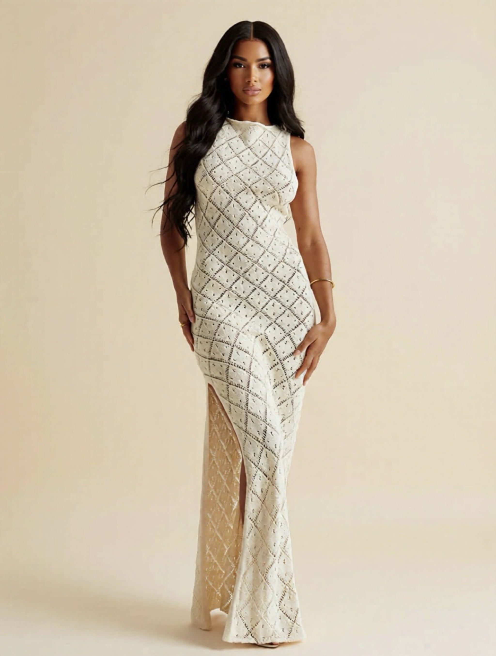 Hollow Knitted Sleeveless Maxi Dress with High Slit