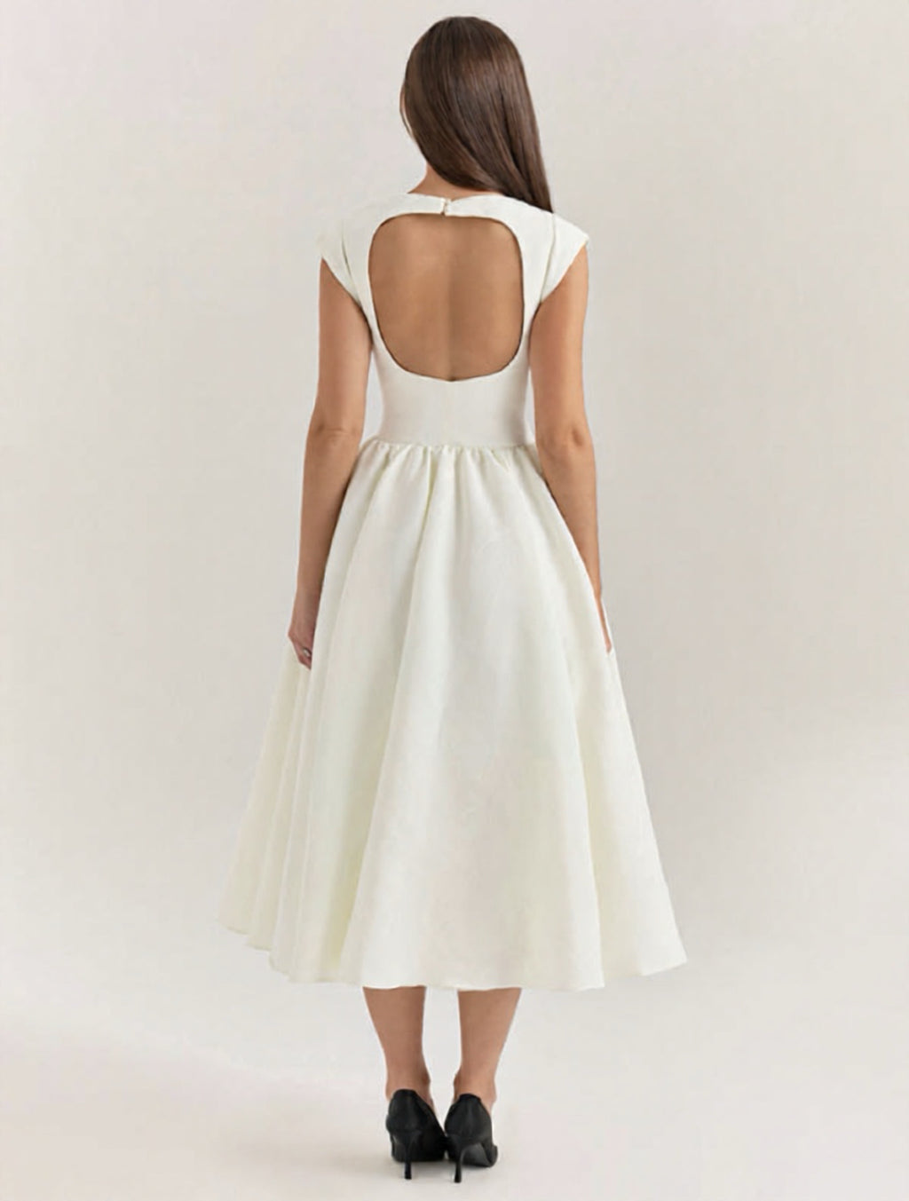 Elegant Backless Midi Dress with Cap Sleeves & Full Skirt