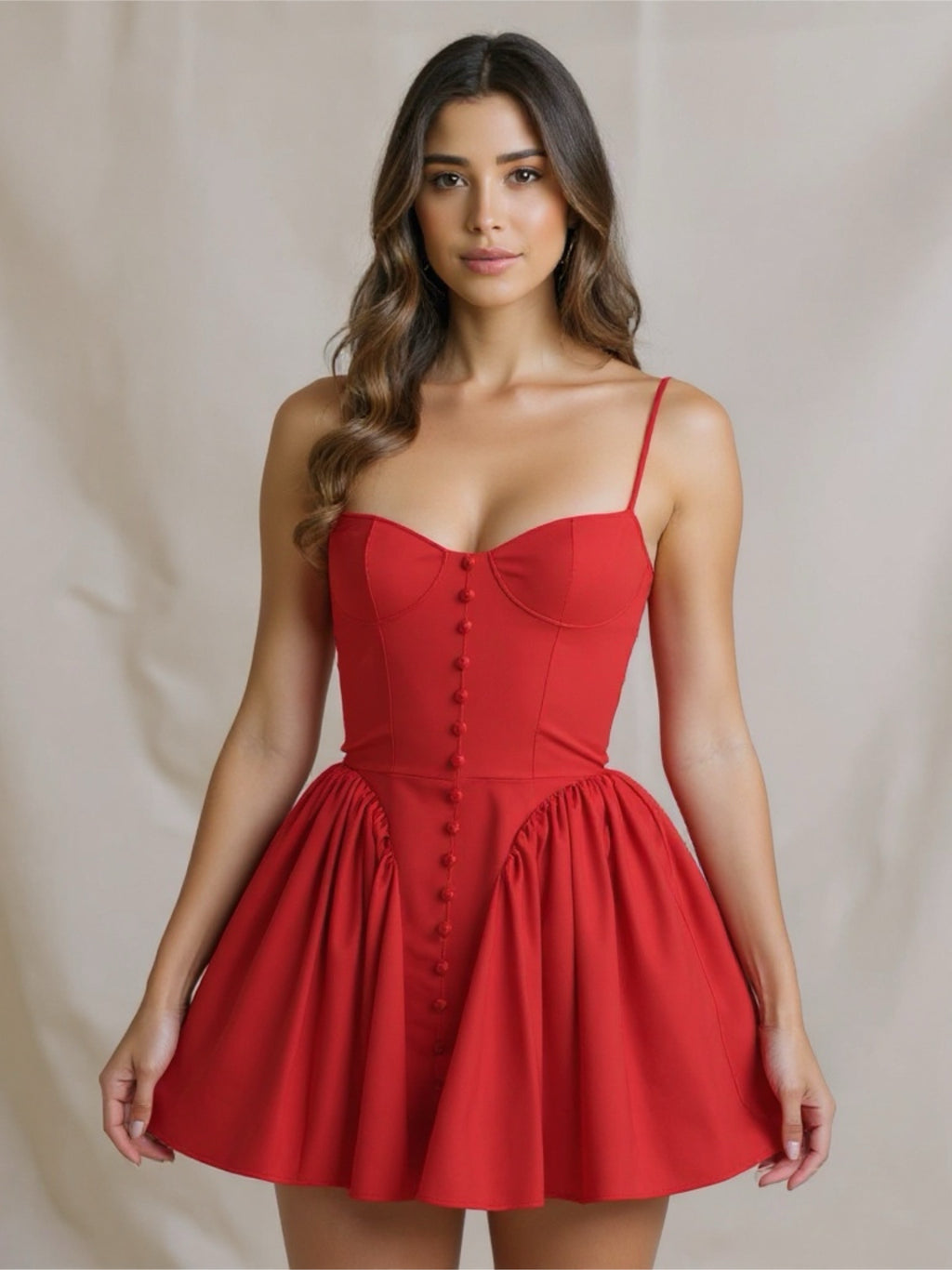 Red Short Dress with Button Accents