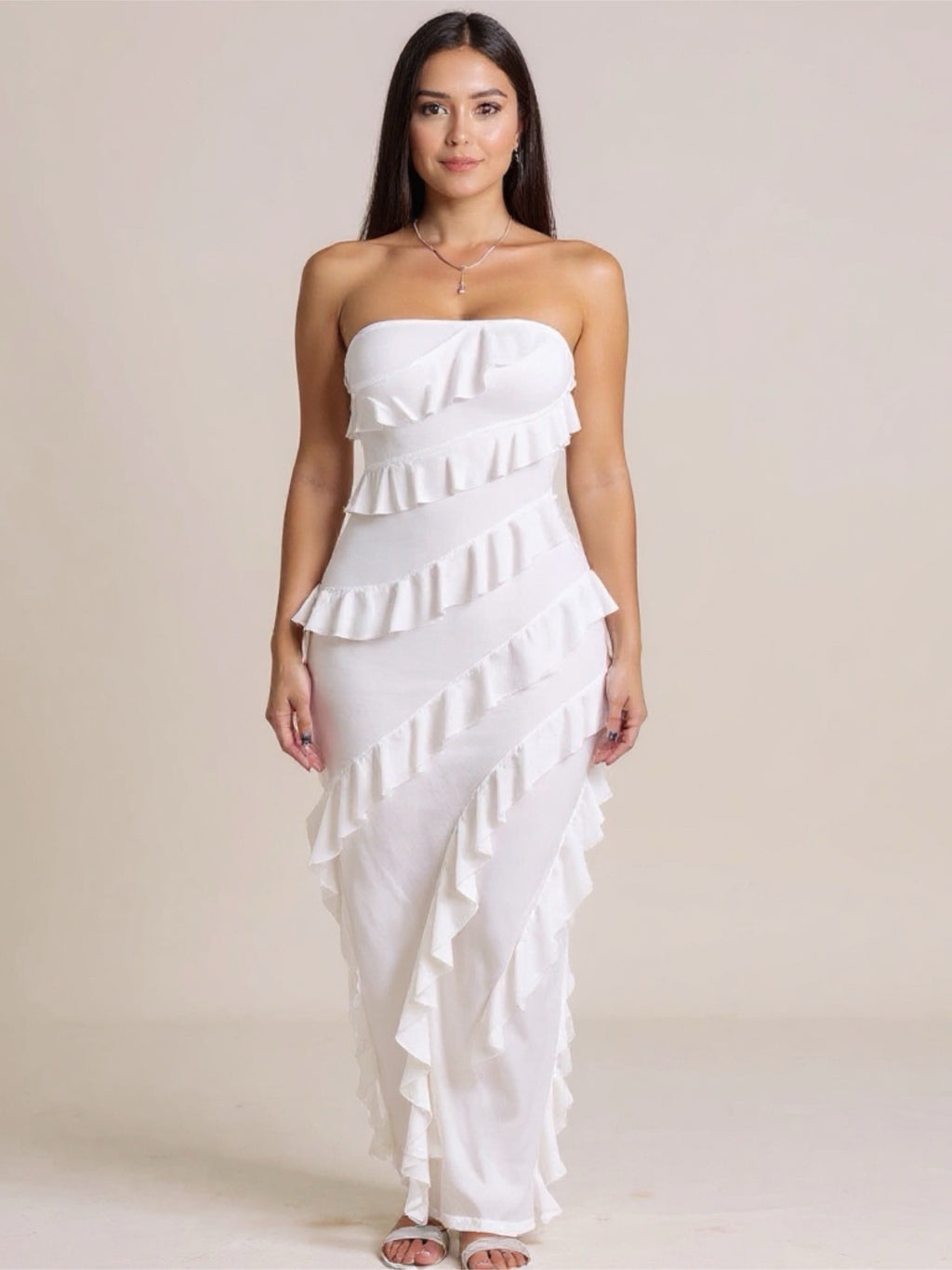 Ruffled Strapless Maxi Dress with Back Slit