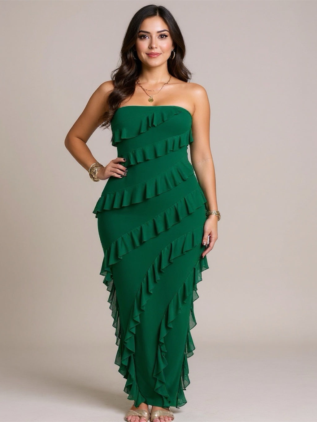 Ruffled Strapless Maxi Dress with Back Slit