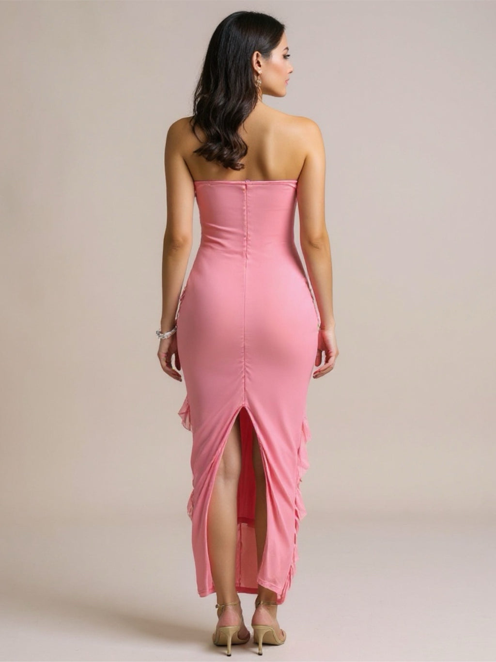 Ruffled Strapless Maxi Dress with Back Slit