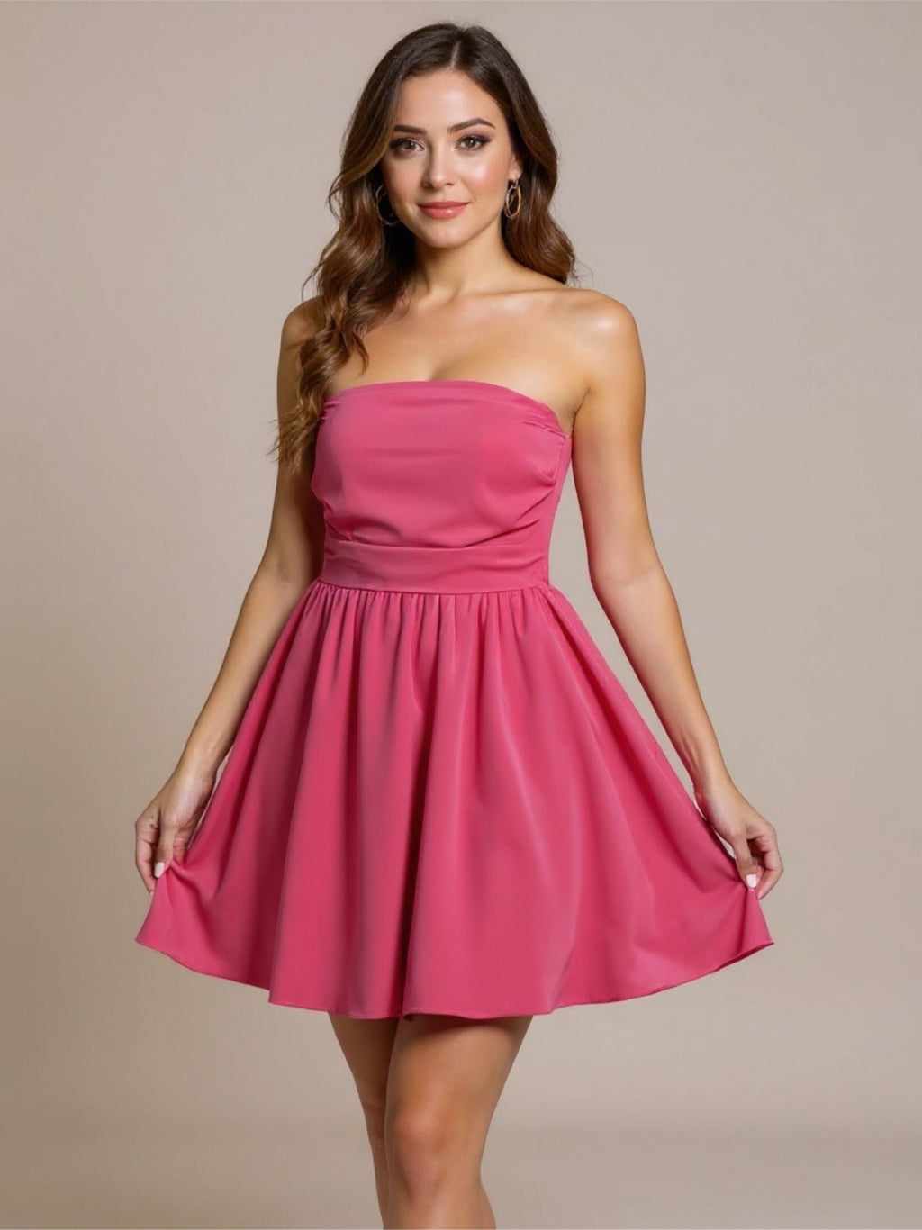 Ruched Hot Pink Strapless Mini Dress