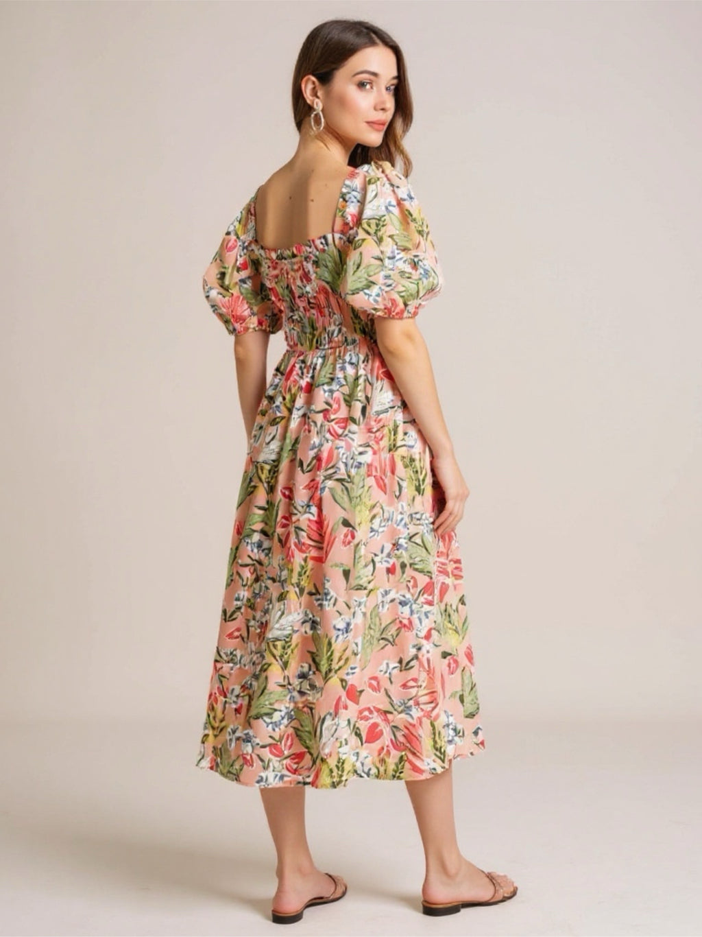 Floral Square Neck Puff Sleeve Midi Dress
