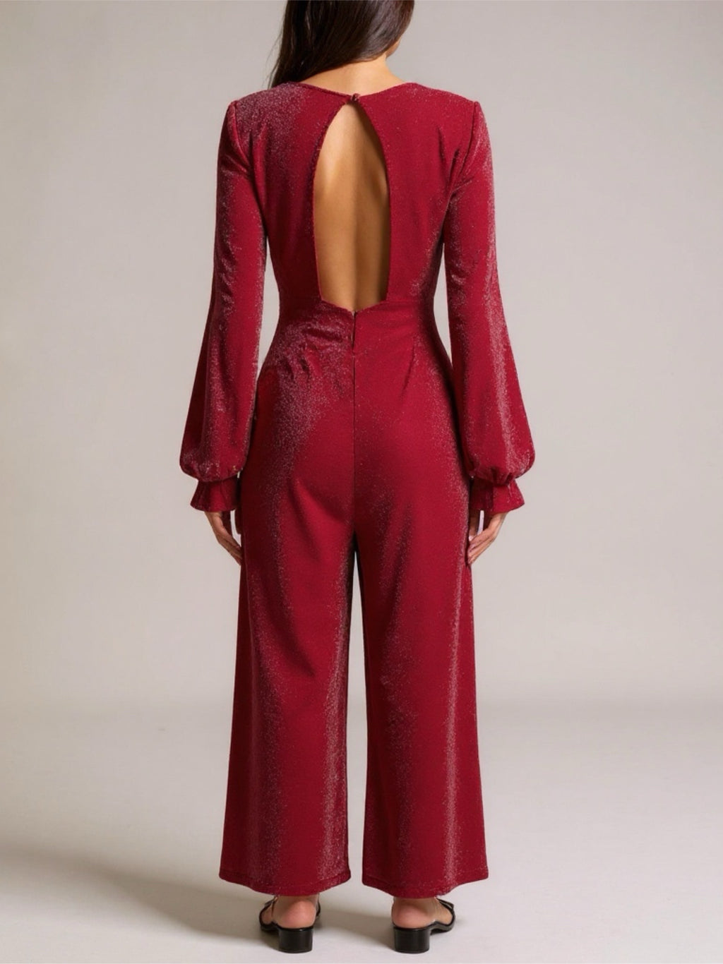 Red Round Neck Long Sleeve Jumpsuit with Back Cutout