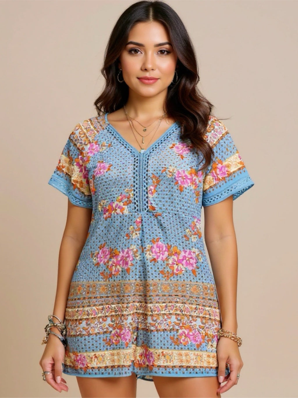 Light Blue Floral V-Neck Short Sleeve Romper