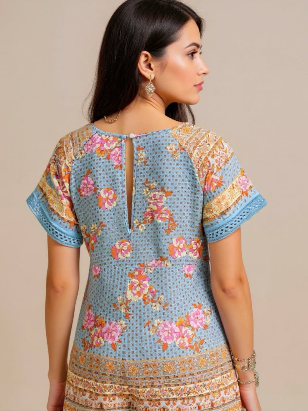 Light Blue Floral V-Neck Short Sleeve Romper