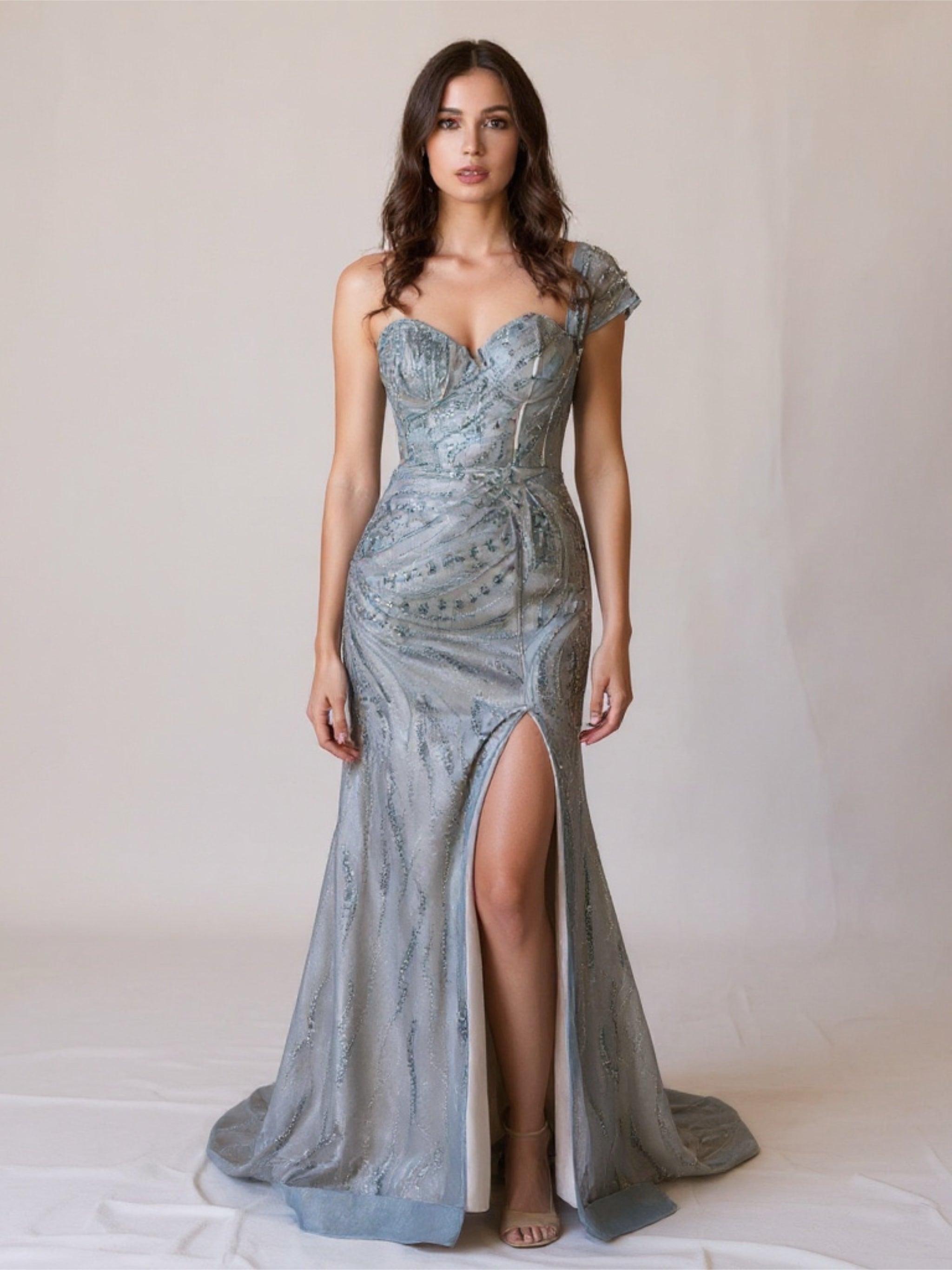 Side Slit Beaded One Shoulder Evening Gown