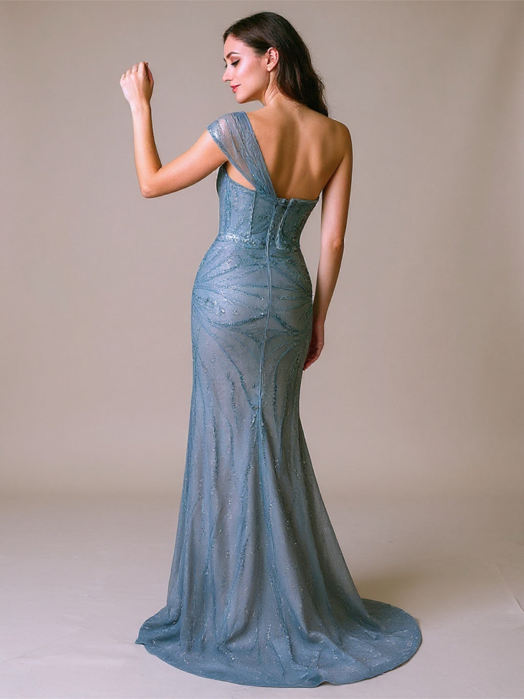 Side Slit Beaded One Shoulder Evening Gown