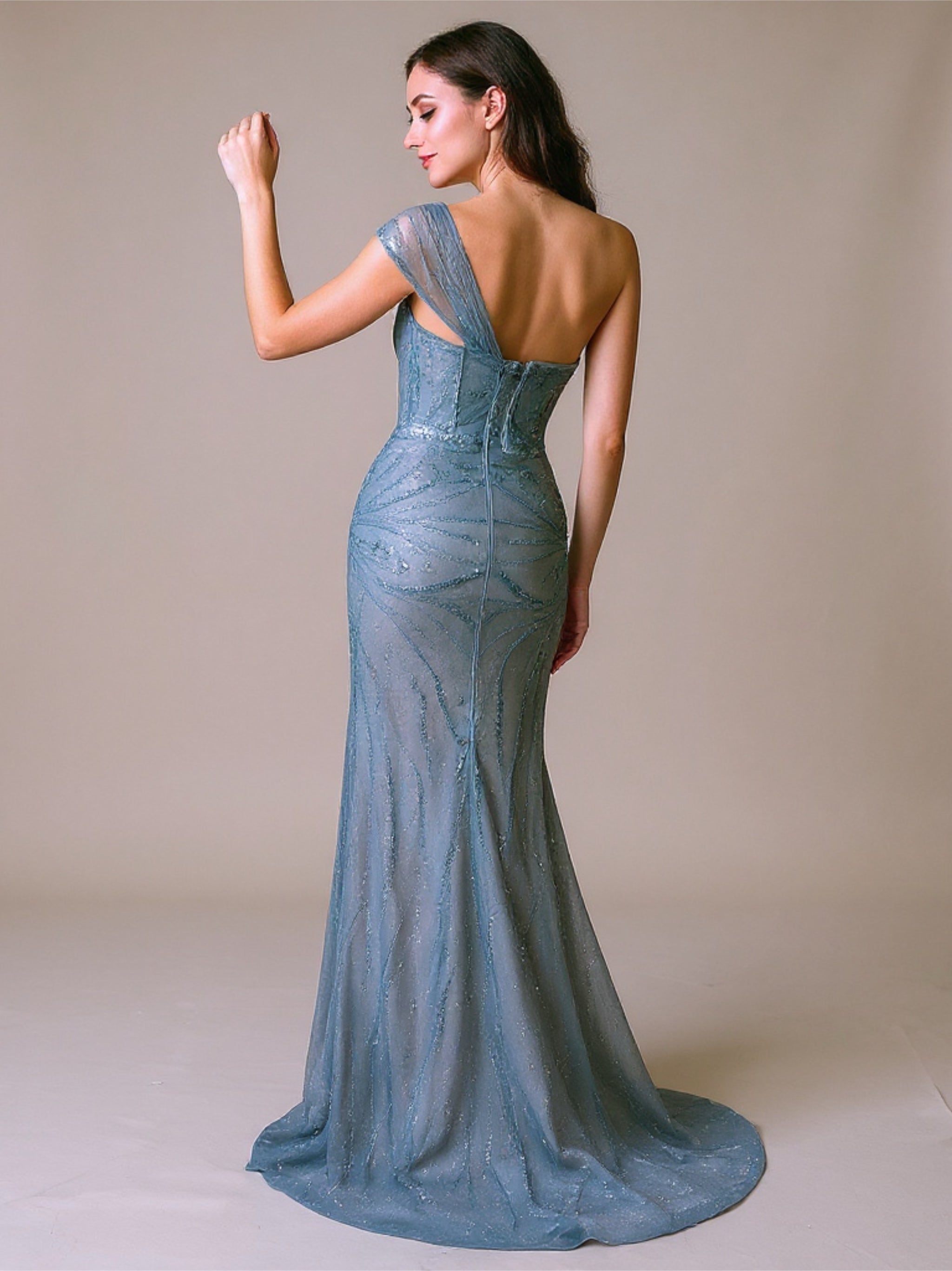 Side Slit Beaded One Shoulder Evening Gown