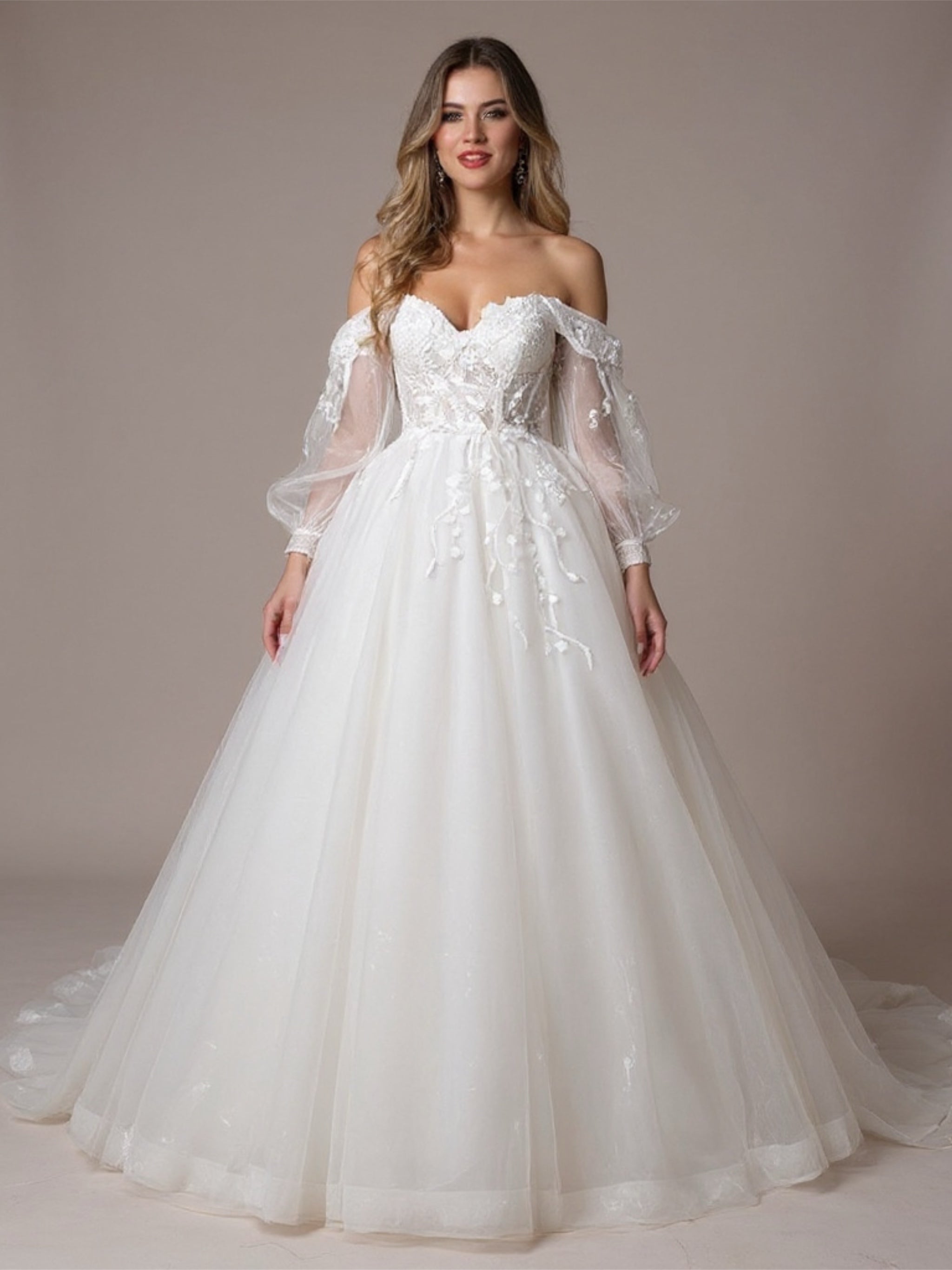 Elegant Off The Shoulder Puff Sleeve Wedding Dress with Lace Flowers