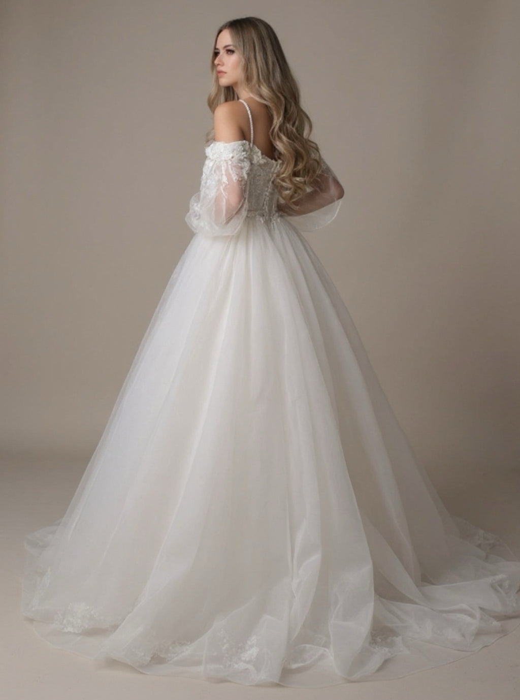 Elegant Off The Shoulder Puff Sleeve Wedding Dress with Lace Flowers