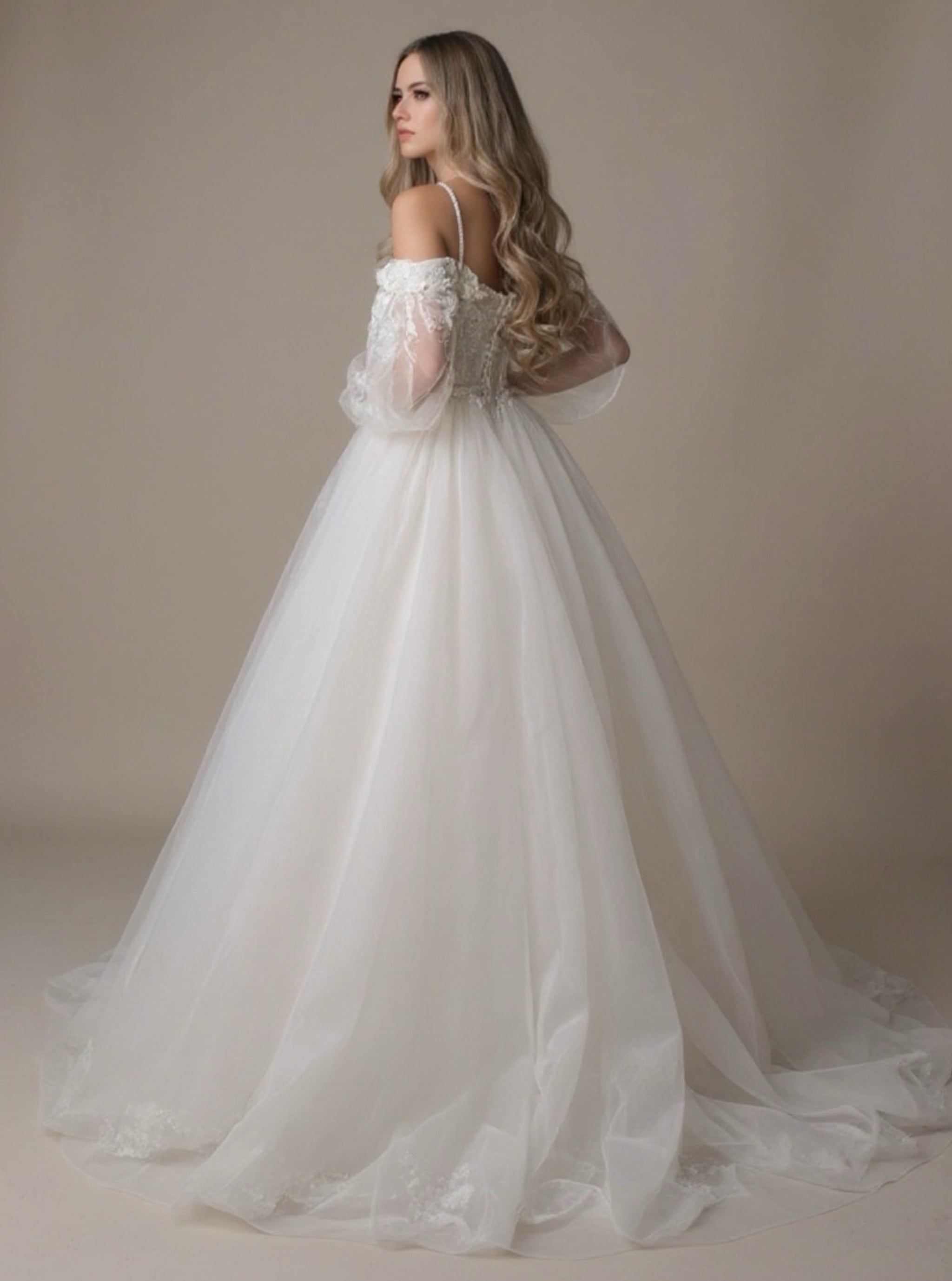 Elegant Off The Shoulder Puff Sleeve Wedding Dress with Lace Flowers
