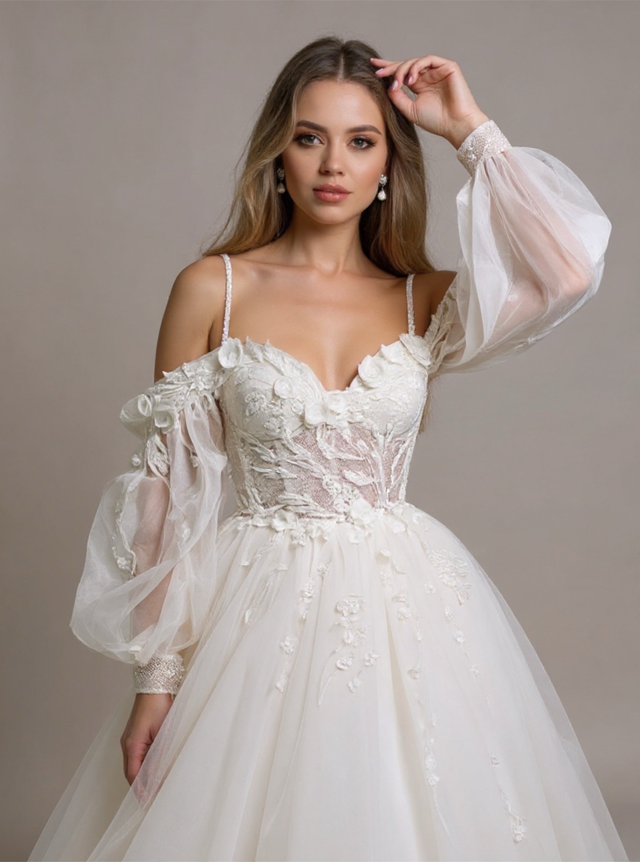 Elegant Off The Shoulder Puff Sleeve Wedding Dress with Lace Flowers