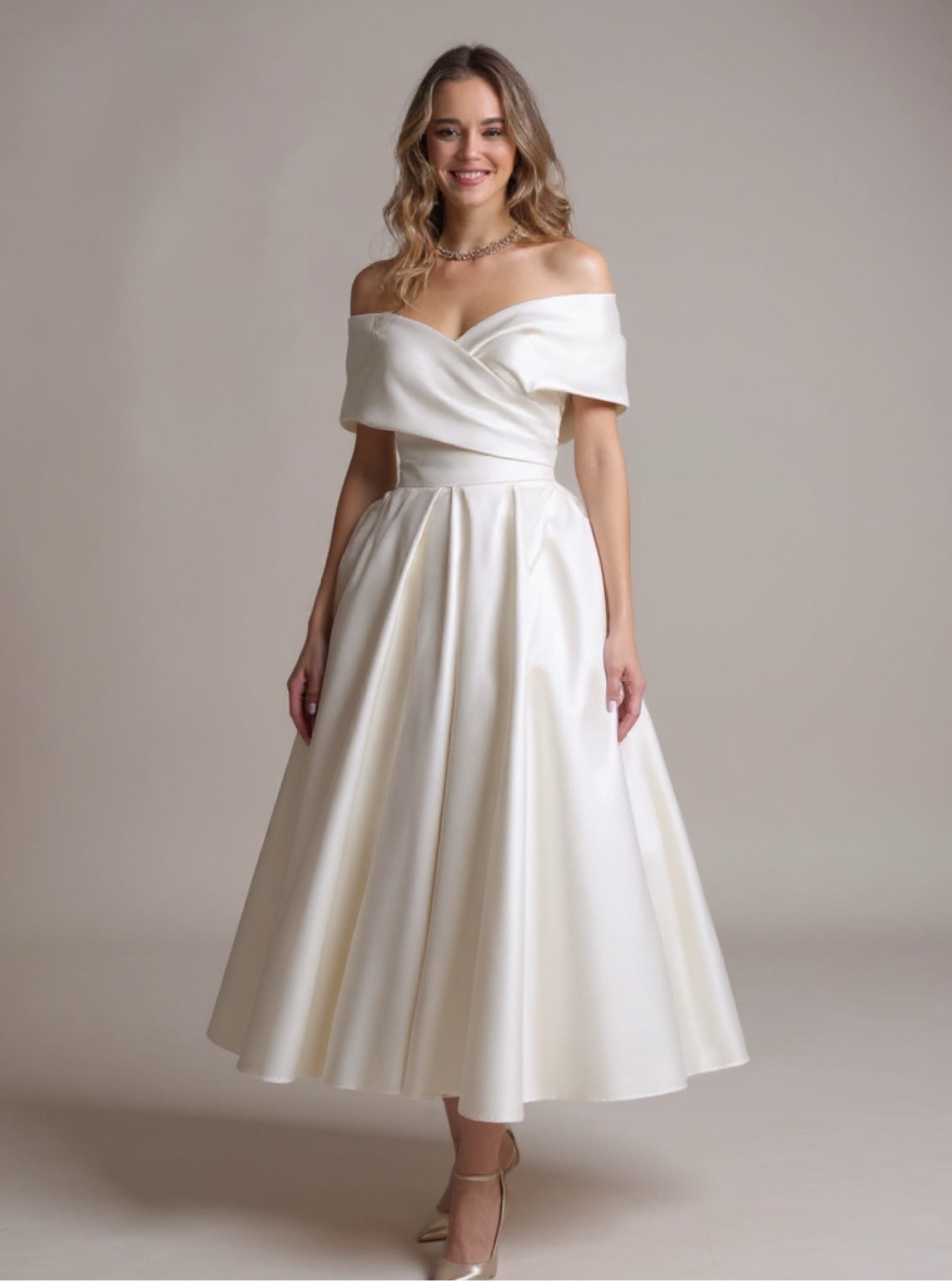 Satin Off the Shoulder Pleated Wedding Dress