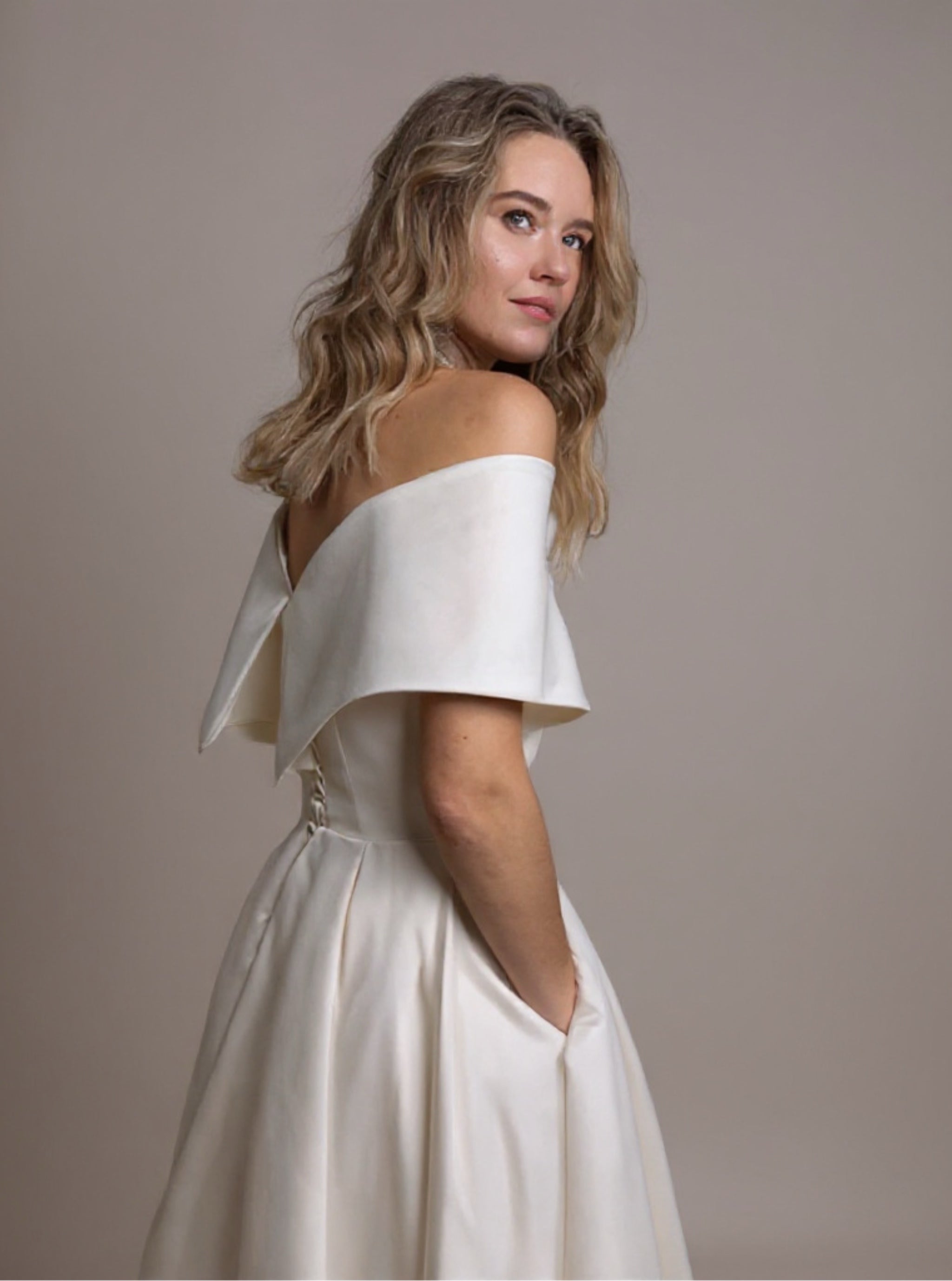 Satin Off the Shoulder Pleated Wedding Dress
