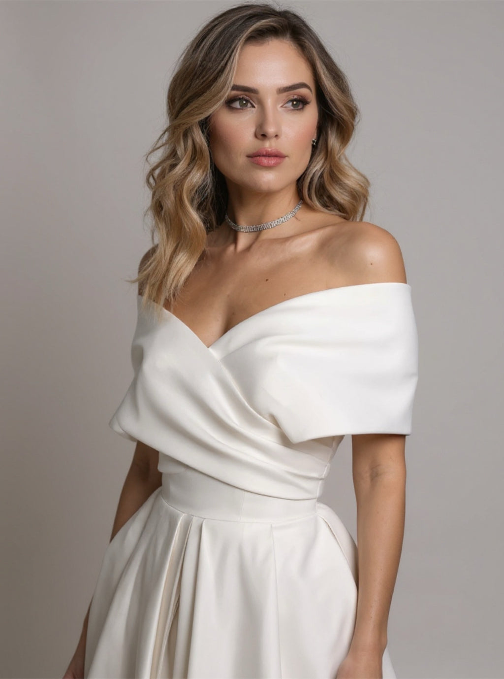 Satin Off the Shoulder Pleated Wedding Dress