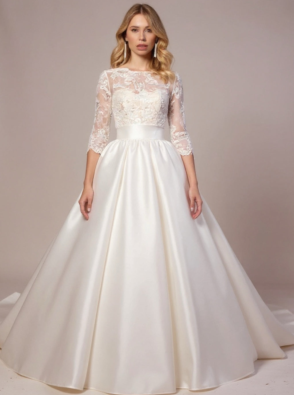 Satin & Lace Long-Sleeved Wedding Dress