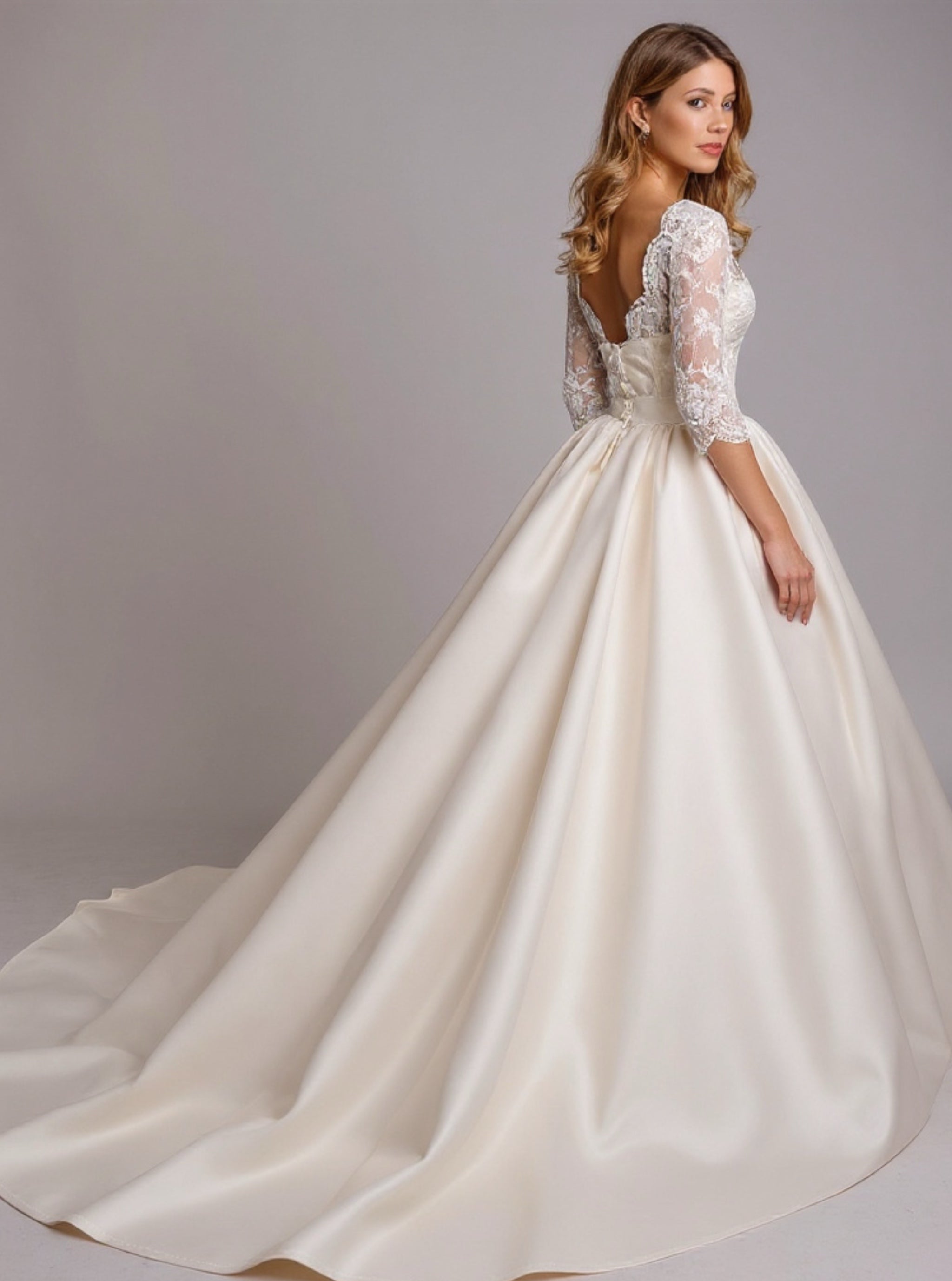 Satin & Lace Long-Sleeved Wedding Dress